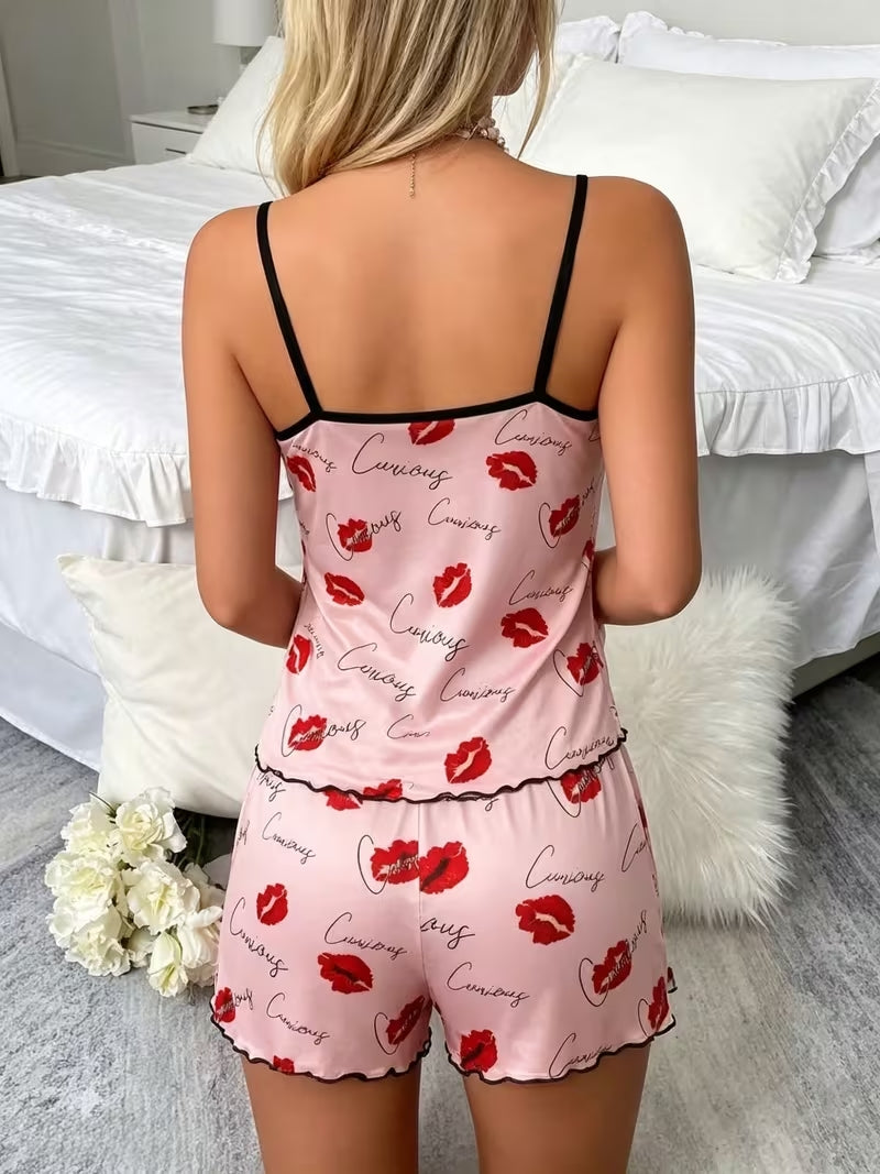 Women's Lip Print Cami Pajama Set – 2 Piece Sleepwear, product view – Rosie Mode