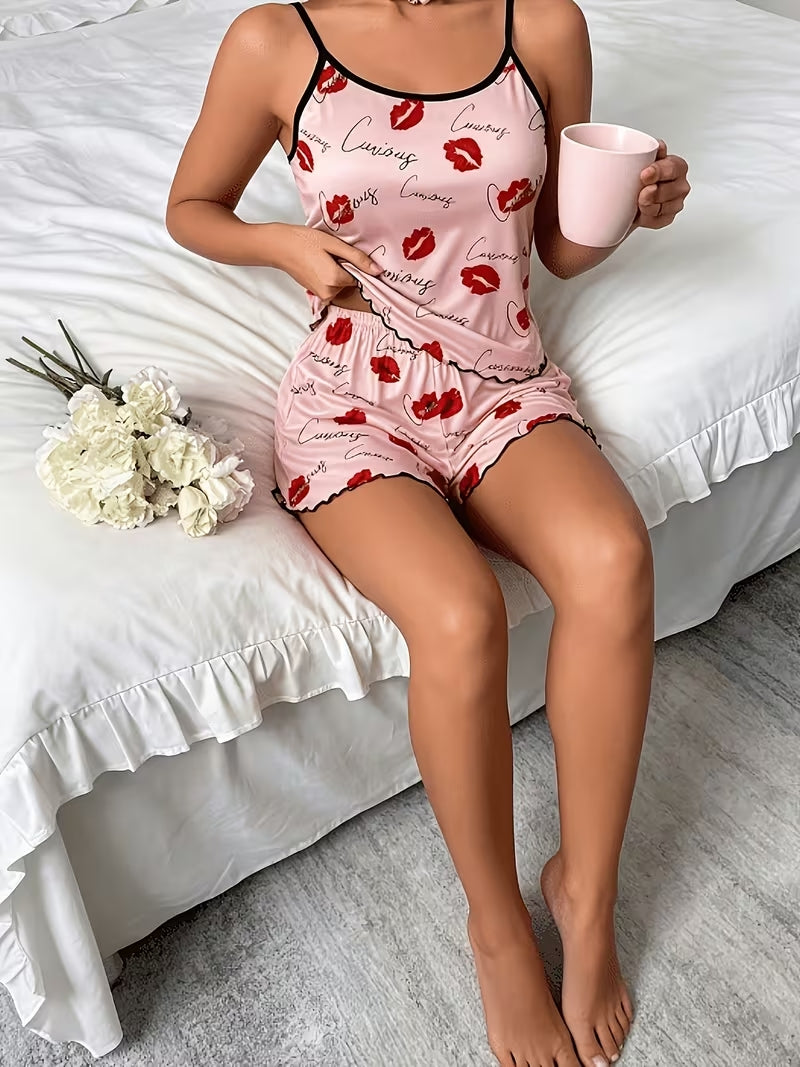 Women's Lip Print Cami Pajama Set – 2 Piece Sleepwear, product view – Rosie Mode