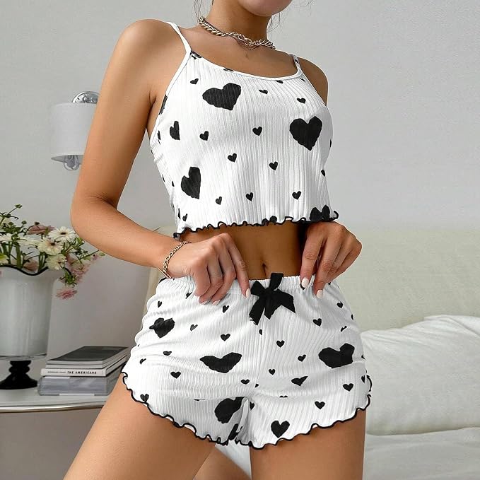 Women's Love Print Pajama Set – Cami & Shorts in Black, product view – Rosie Mode