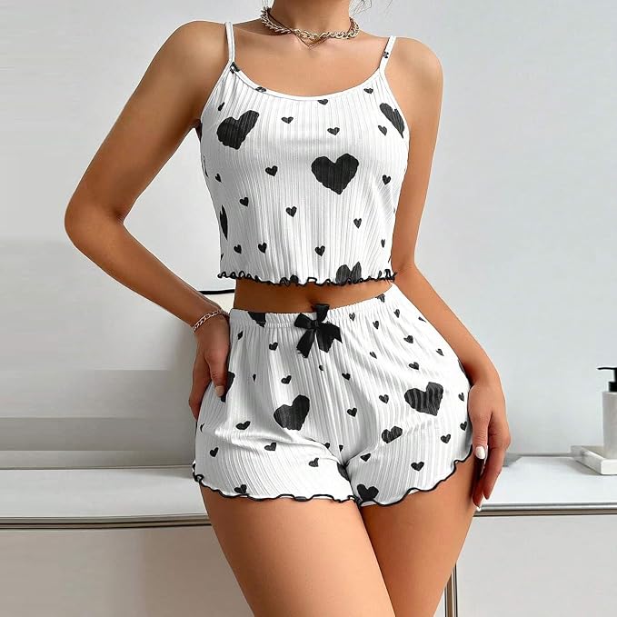 Women's Love Print Pajama Set – Cami & Shorts in Black, product view – Rosie Mode