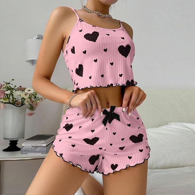 Women's Love Print Pajama Set – Cami & Shorts, product view – Rosie Mode