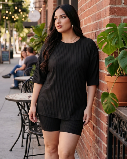 Women's Ribbed Knit Lounge Set – 2 Piece Plus Size Outfit in Black, product view – Rosie Mode