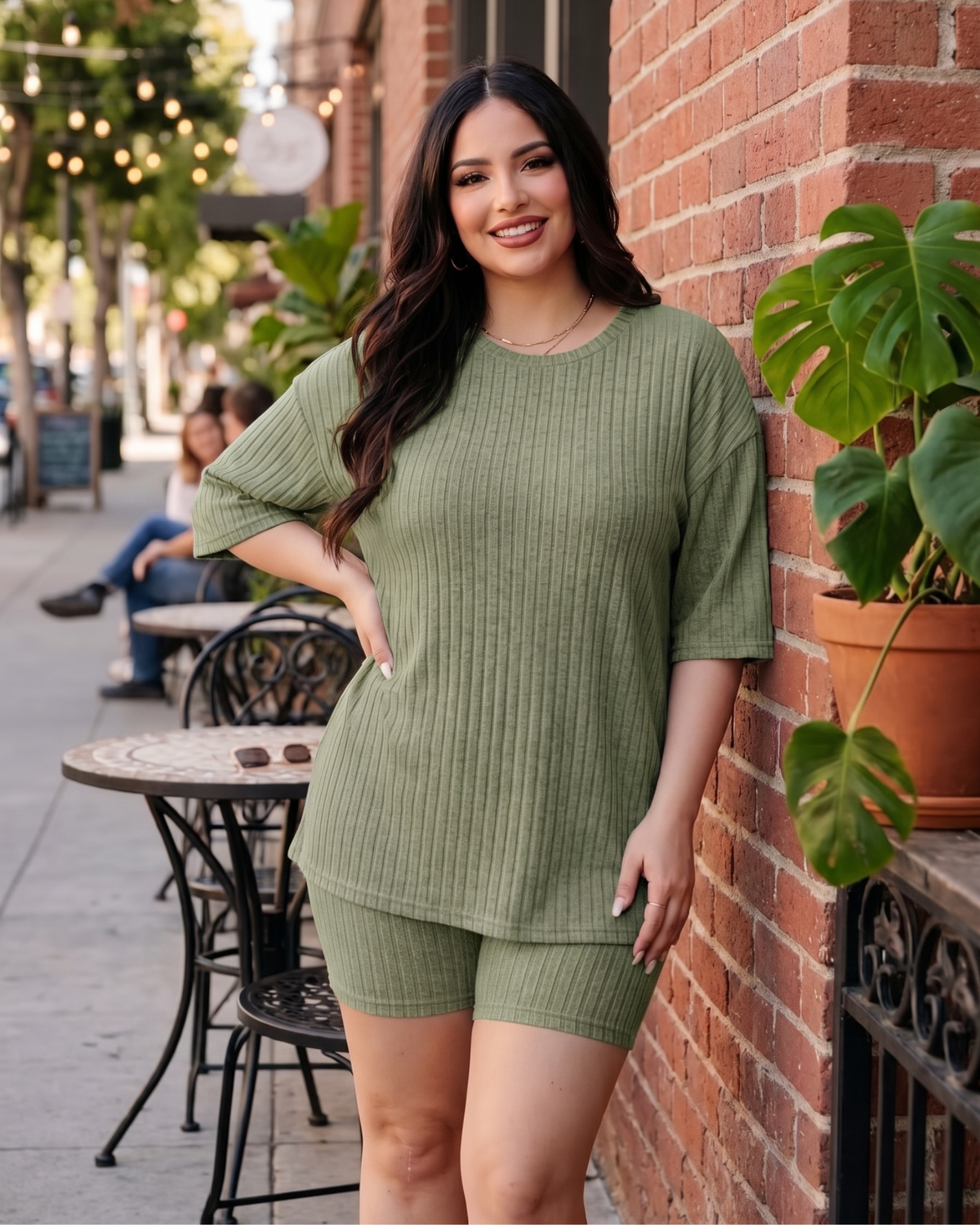 Women's Ribbed Knit Lounge Set – 2 Piece Plus Size Outfit in Green, product view – Rosie Mode
