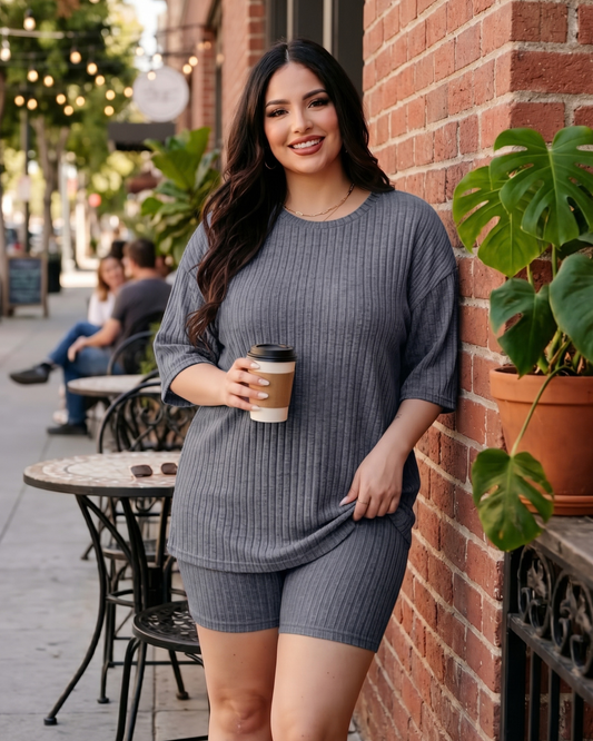 Women's Ribbed Knit Lounge Set – 2 Piece Plus Size Outfit in Navy, product view – Rosie Mode
