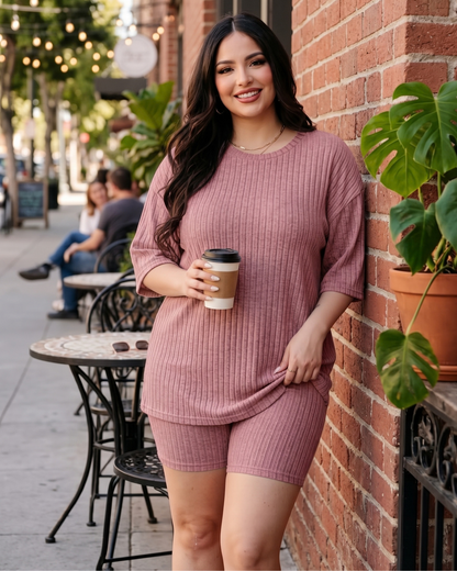 Women's Ribbed Knit Lounge Set – 2 Piece Plus Size Outfit in Pink, product view – Rosie Mode