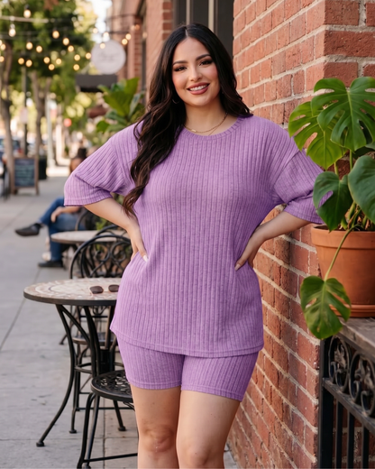 Women's Ribbed Knit Lounge Set – 2 Piece Plus Size Outfit in Purple, product view – Rosie Mode