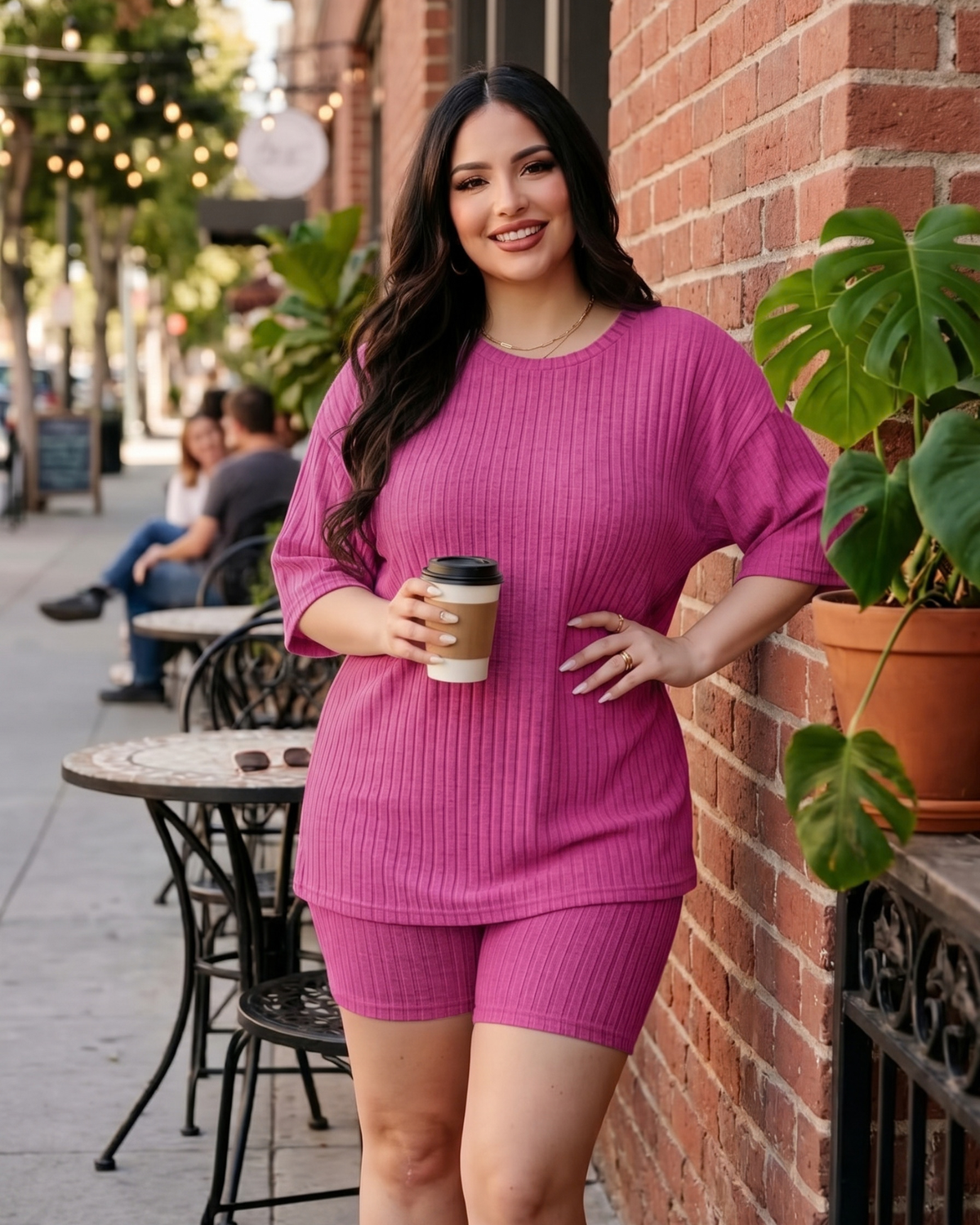 Women's Ribbed Knit Lounge Set – 2 Piece Plus Size Outfit in Rose, product view – Rosie Mode