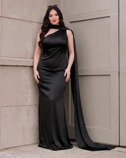 Women's Satin Halter Maxi Dress – Backless Party Gown in Black, product view – Rosie Mode