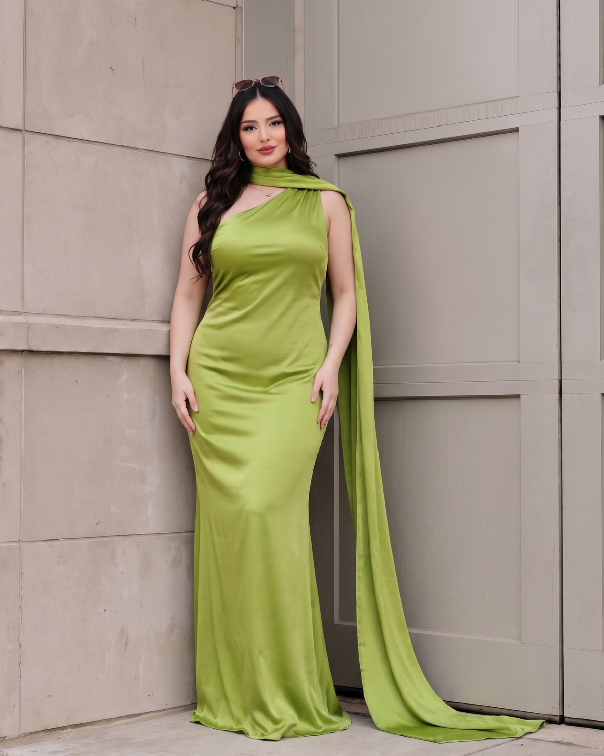 Women's Satin Halter Maxi Dress – Backless Party Gown in Green, product view – Rosie Mode
