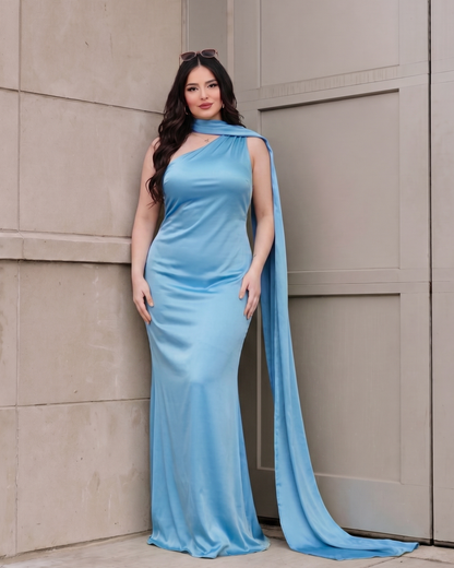 Women's Satin Halter Maxi Dress – Backless Party Gown in Light Blue, product view – Rosie Mode