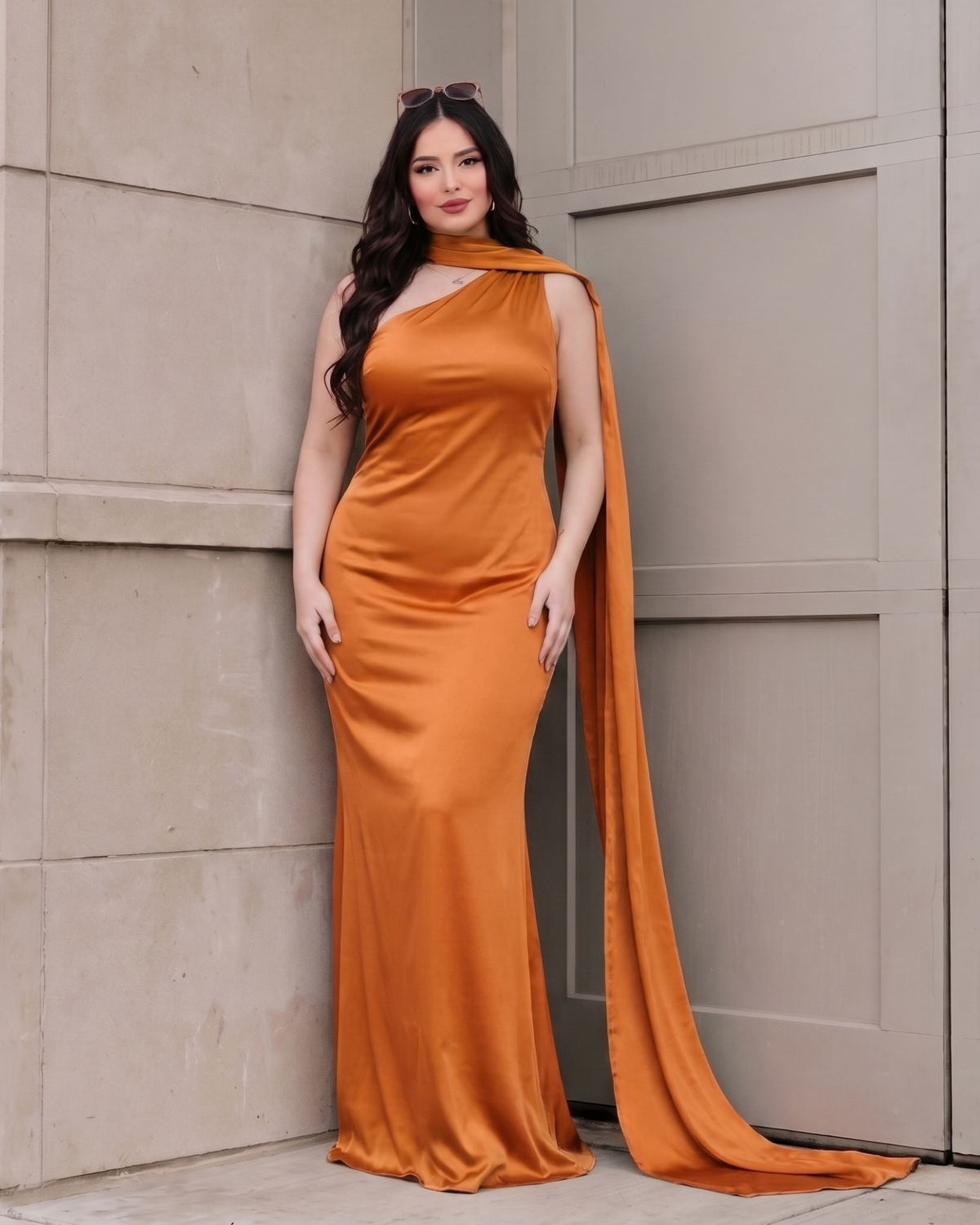 Women's Satin Halter Maxi Dress – Backless Party Gown in Orange, product view – Rosie Mode