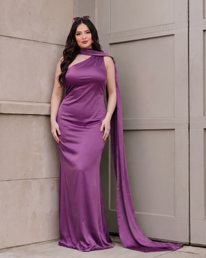 Women's Satin Halter Maxi Dress – Backless Party Gown in Purple, product view – Rosie Mode