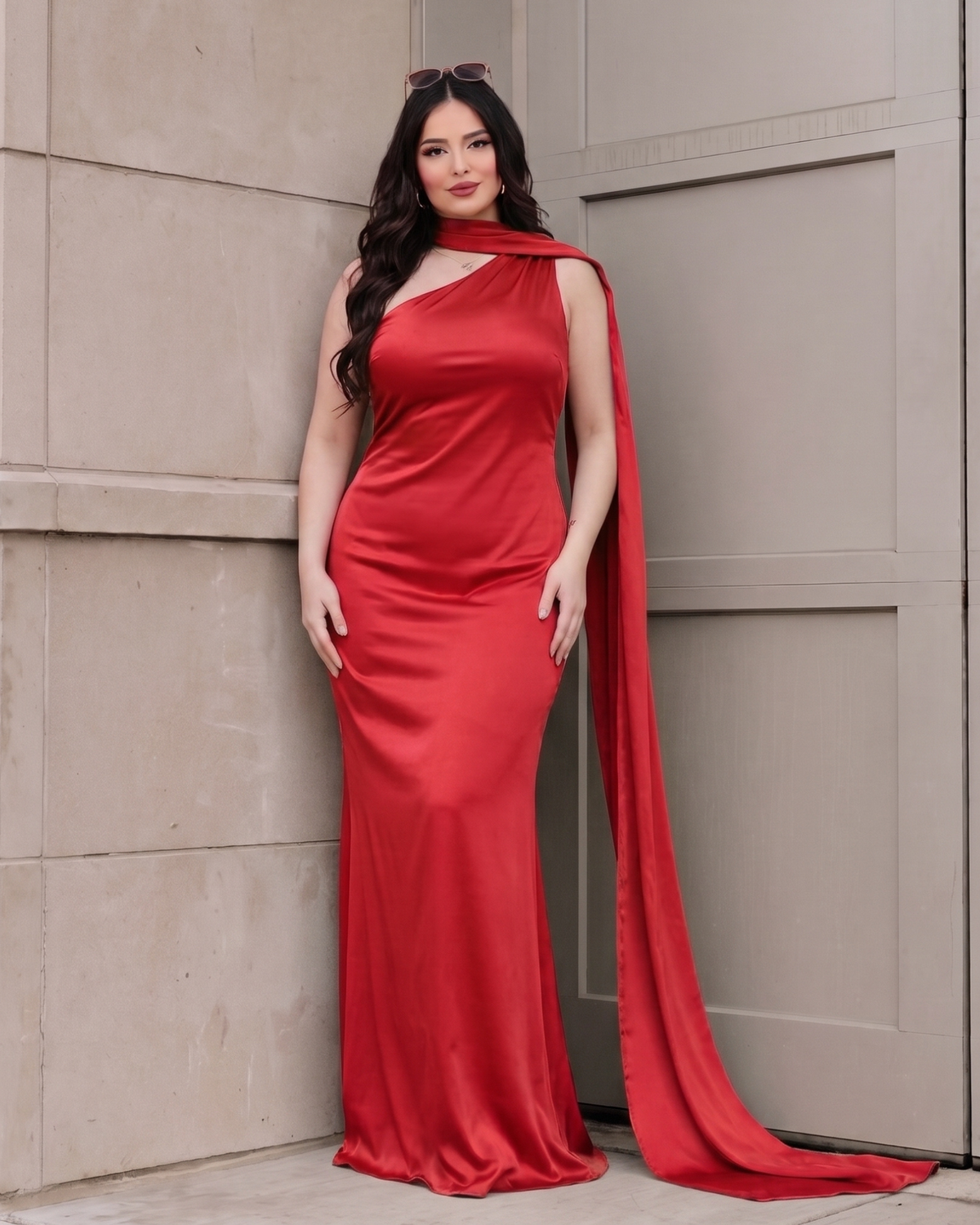 Women's Satin Halter Maxi Dress – Backless Party Gown in Red, product view – Rosie Mode