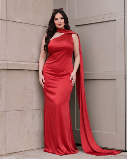 Women's Satin Halter Maxi Dress – Backless Party Gown in Red, product view – Rosie Mode
