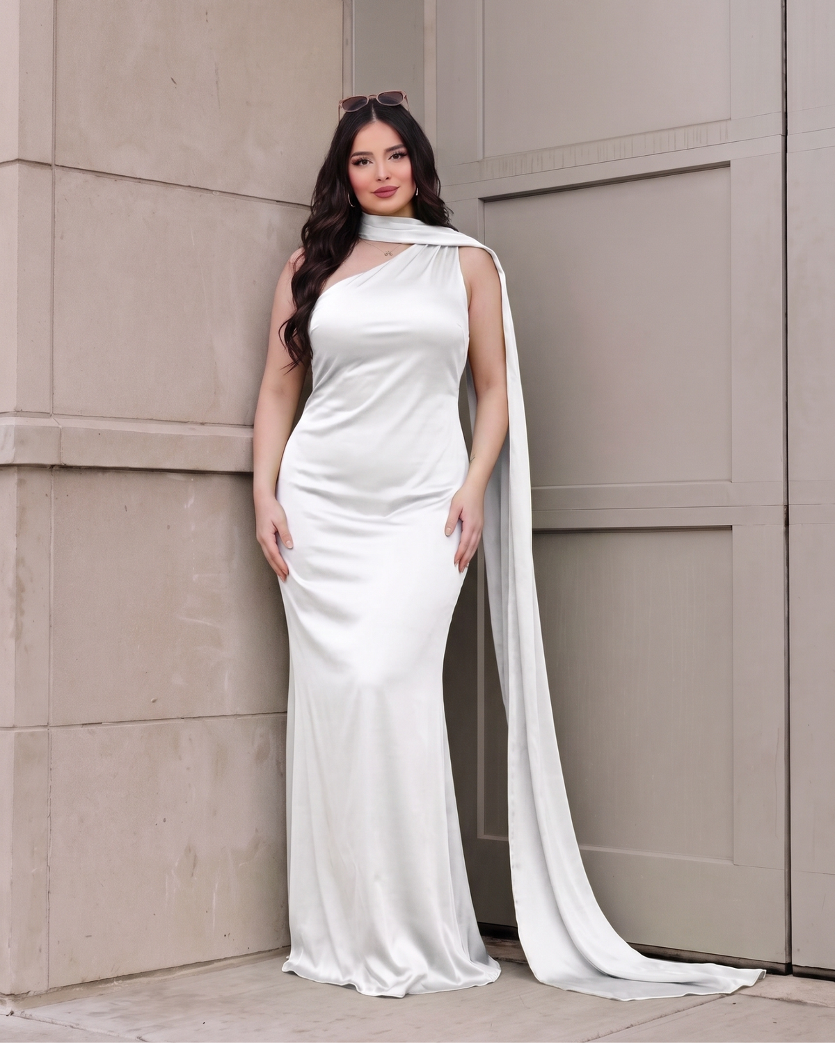 Women's Satin Halter Maxi Dress – Backless Party Gown in White, product view – Rosie Mode