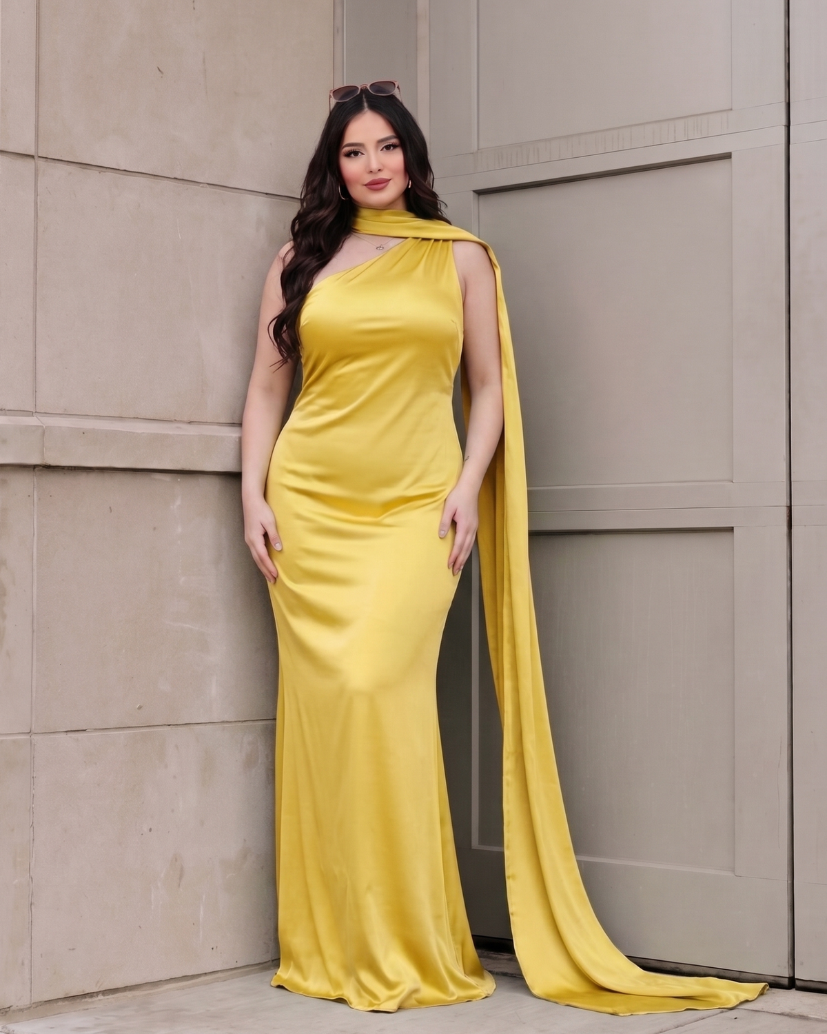 Women's Satin Halter Maxi Dress – Backless Party Gown in Yellow, product view – Rosie Mode