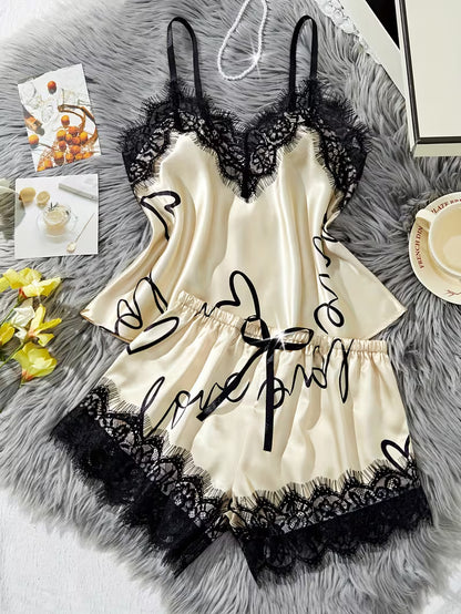 Women's Satin Lace Cami Pajama Set – 2 Piece Sleepwear in Beige, product view – Rosie Mode