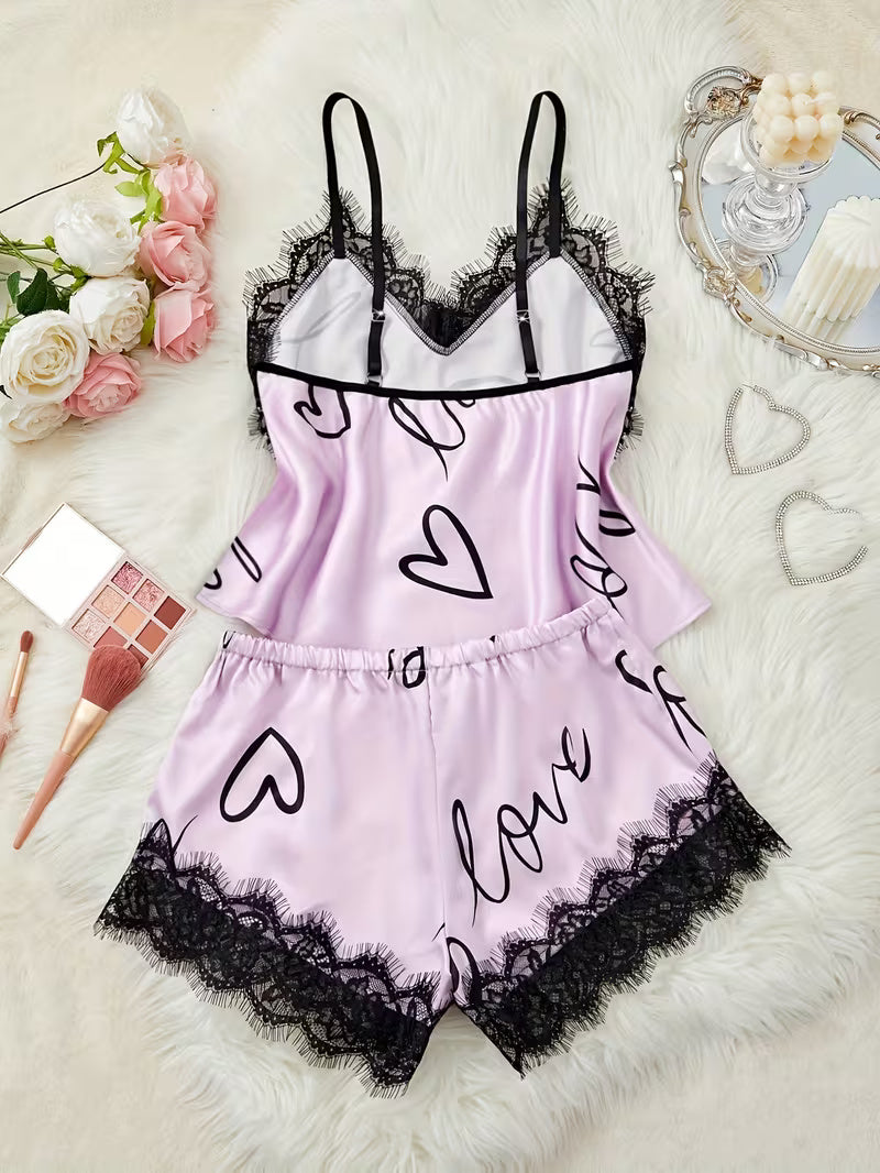 Women's Satin Lace Cami Pajama Set – 2 Piece Sleepwear in Lavender, product view – Rosie Mode