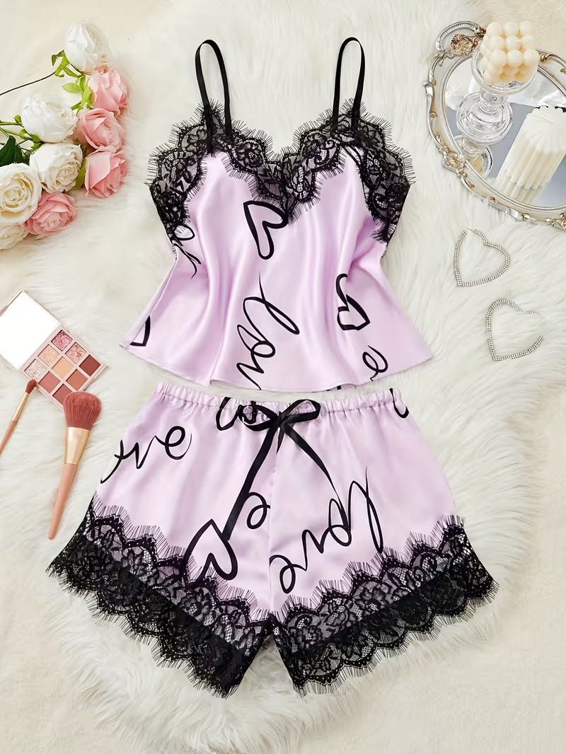Women's Satin Lace Cami Pajama Set – 2 Piece Sleepwear in Lavender, product view – Rosie Mode
