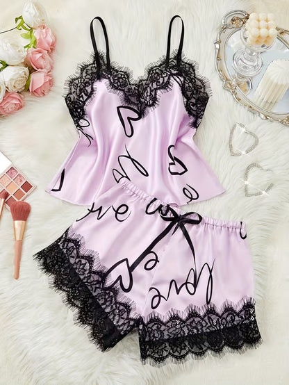 Women's Satin Lace Cami Pajama Set – 2 Piece Sleepwear in Lavender, product view – Rosie Mode