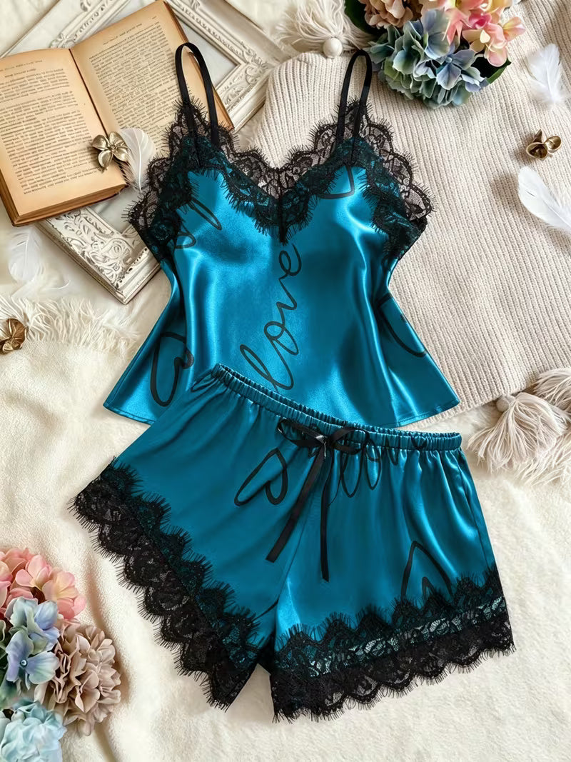 Women's Satin Lace Cami Pajama Set – 2 Piece Sleepwear in Navy, product view – Rosie Mode