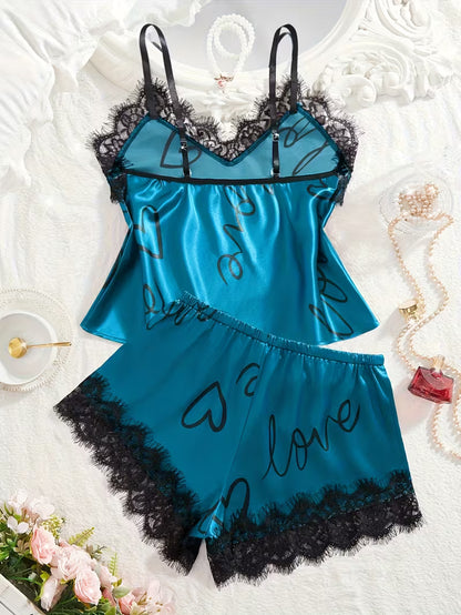 Women's Satin Lace Cami Pajama Set – 2 Piece Sleepwear in Navy, product view – Rosie Mode