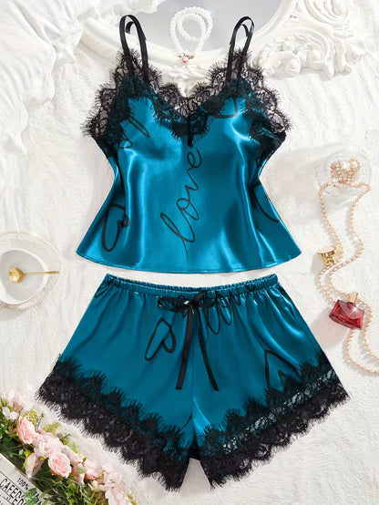Women's Satin Lace Cami Pajama Set – 2 Piece Sleepwear in Navy, product view – Rosie Mode