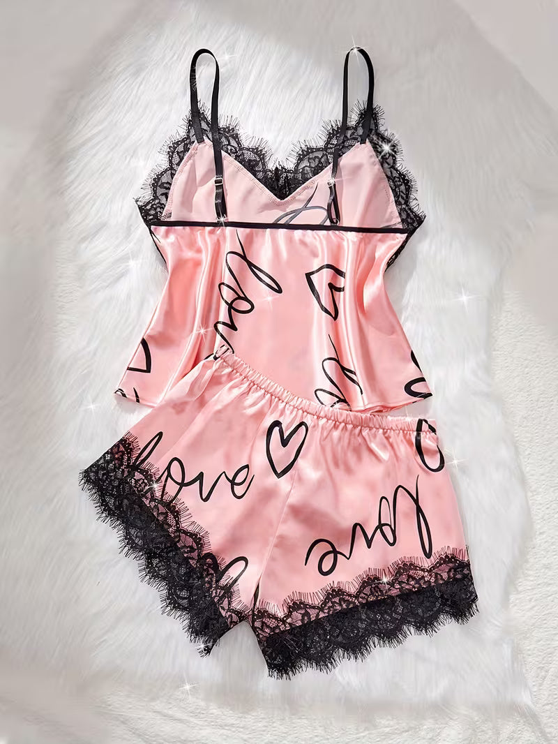 Women's Satin Lace Cami Pajama Set – 2 Piece Sleepwear in Pink, product view – Rosie Mode