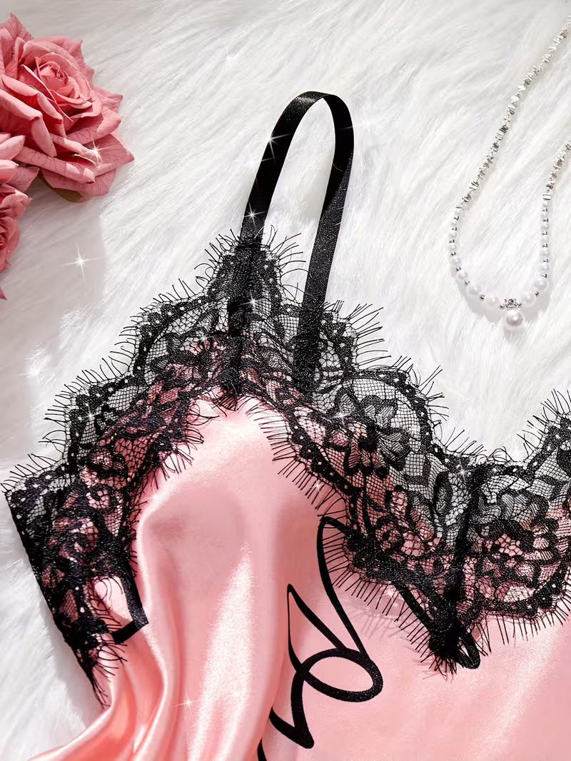 Women's Satin Lace Cami Pajama Set – 2 Piece Sleepwear in Pink, product view – Rosie Mode