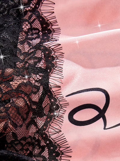 Women's Satin Lace Cami Pajama Set – 2 Piece Sleepwear in Pink, product view – Rosie Mode
