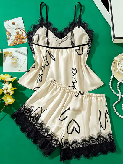 Women's Satin Lace Cami Pajama Set – 2 Piece Sleepwear, product view – Rosie Mode
