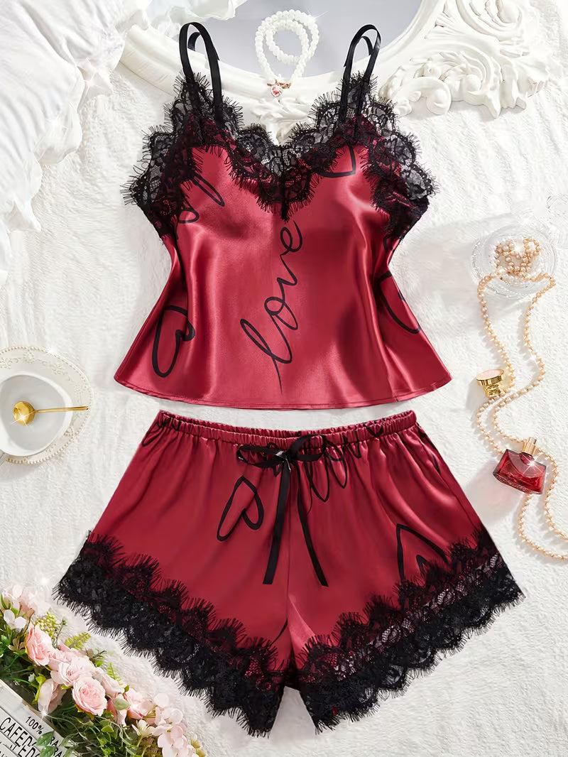 Women's Satin Lace Cami Pajama Set – 2 Piece Sleepwear in Red, product view – Rosie Mode