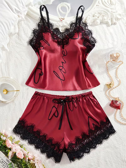 Women's Satin Lace Cami Pajama Set – 2 Piece Sleepwear in Red, product view – Rosie Mode