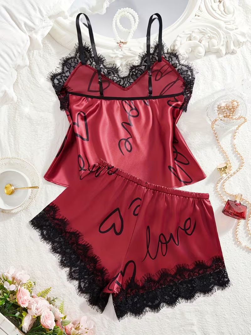 Women's Satin Lace Cami Pajama Set – 2 Piece Sleepwear in Red, product view – Rosie Mode
