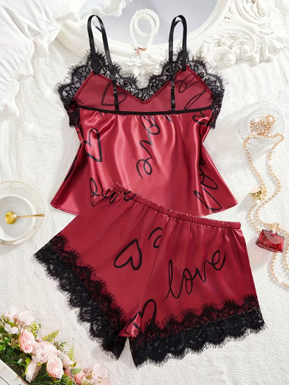 Women's Satin Lace Cami Pajama Set – 2 Piece Sleepwear in Red, product view – Rosie Mode