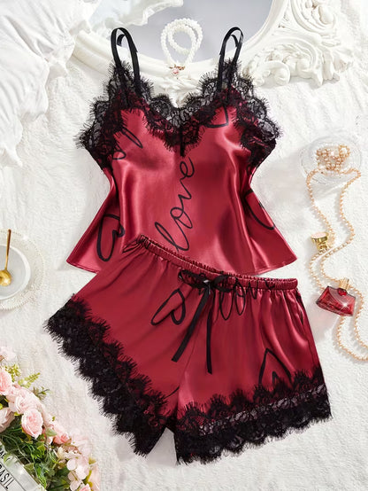 Women's Satin Lace Cami Pajama Set – 2 Piece Sleepwear in Red, product view – Rosie Mode