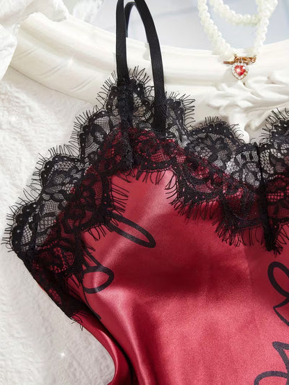 Women's Satin Lace Cami Pajama Set – 2 Piece Sleepwear in Red, product view – Rosie Mode