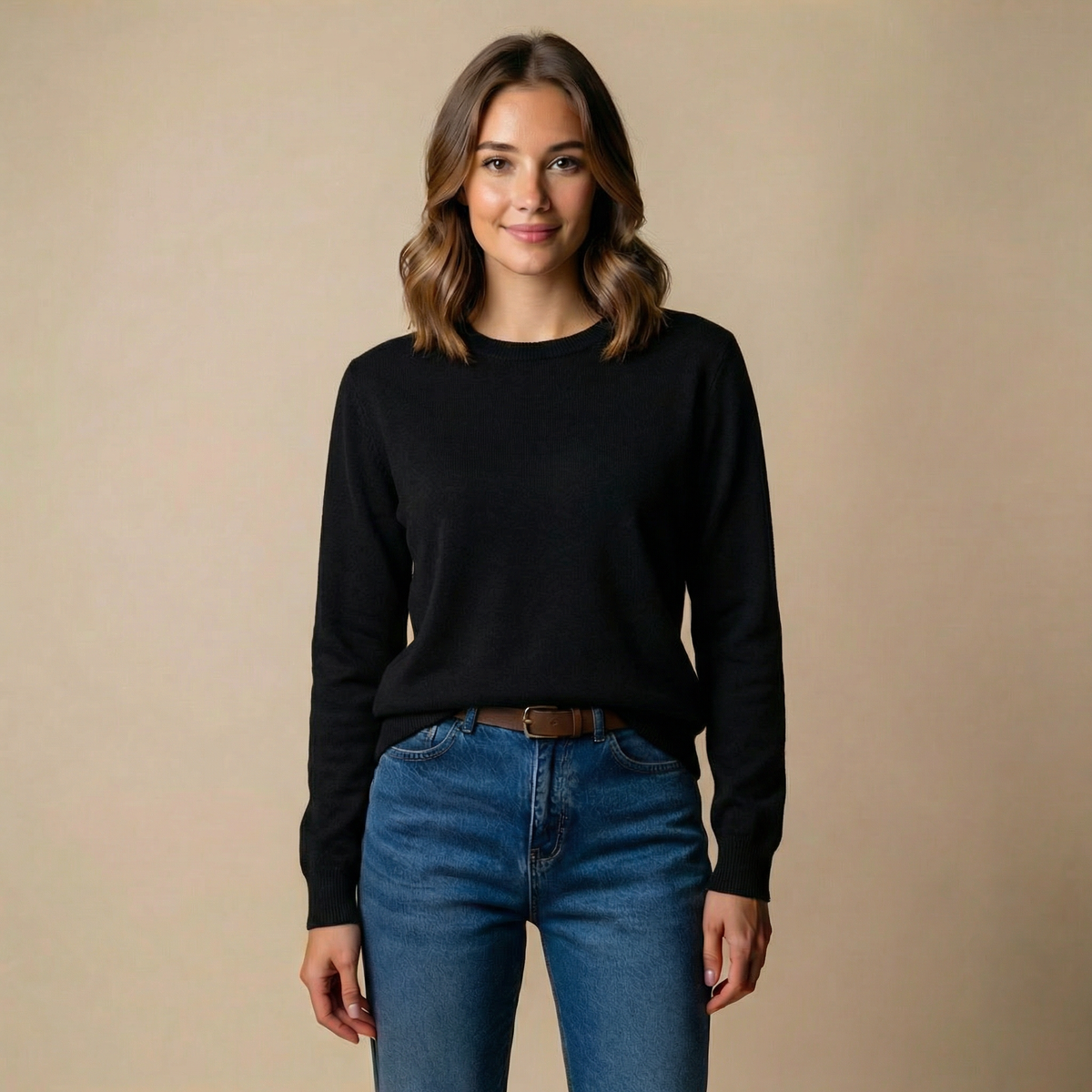 Women's Soft Knit Crewneck Sweater – Long Sleeve in Black, product view – Rosie Mode