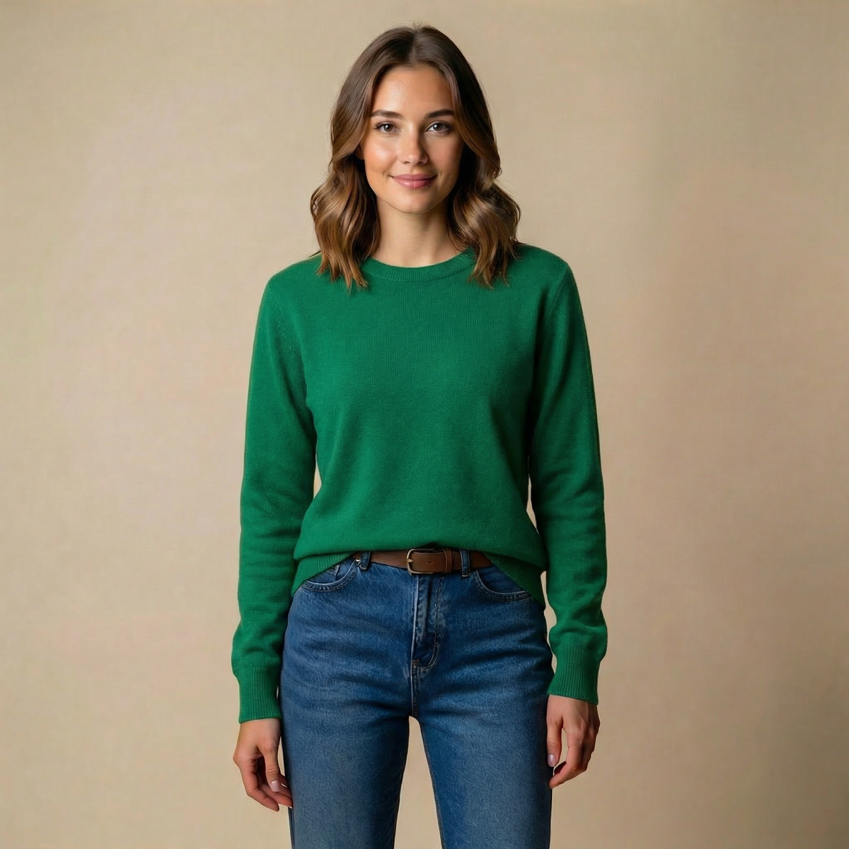Women's Soft Knit Crewneck Sweater – Long Sleeve in Dark Green, product view – Rosie Mode