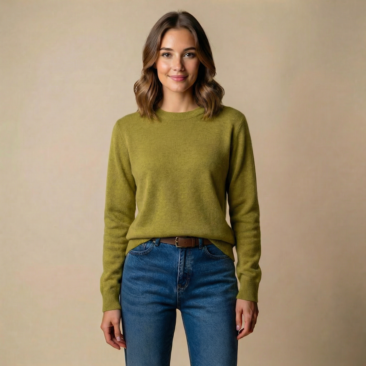 Women's Soft Knit Crewneck Sweater – Long Sleeve in Gold, product view – Rosie Mode