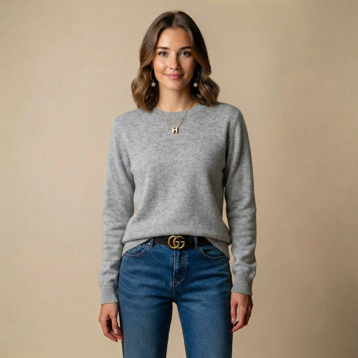 Women's Soft Knit Crewneck Sweater – Long Sleeve in Gray, product view – Rosie Mode