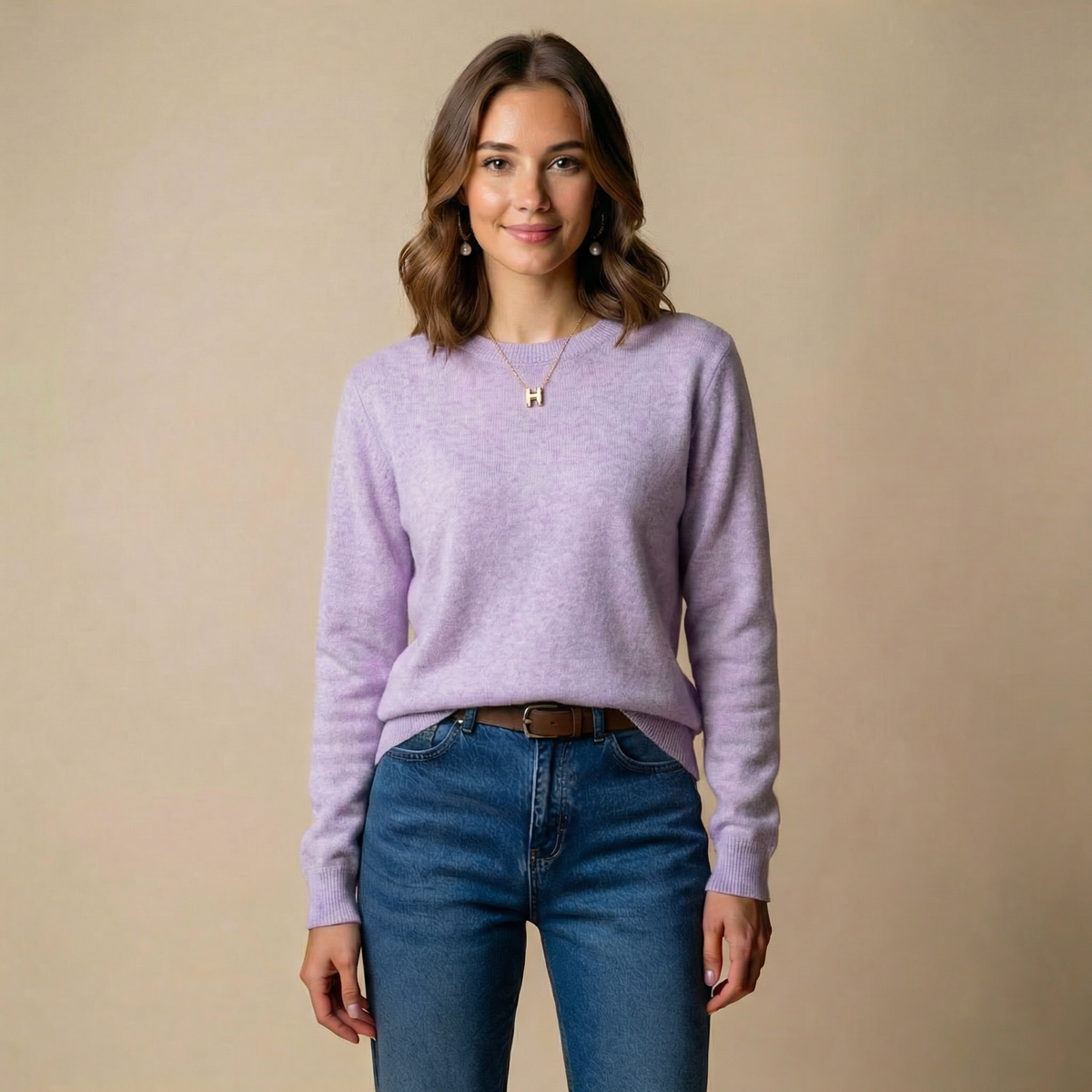 Women's Soft Knit Crewneck Sweater – Long Sleeve in Lavender, product view – Rosie Mode