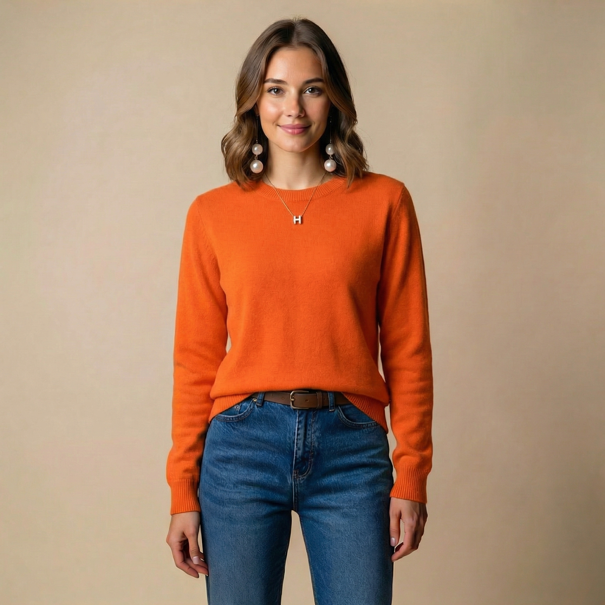 Women's Soft Knit Crewneck Sweater – Long Sleeve in Orange, product view – Rosie Mode