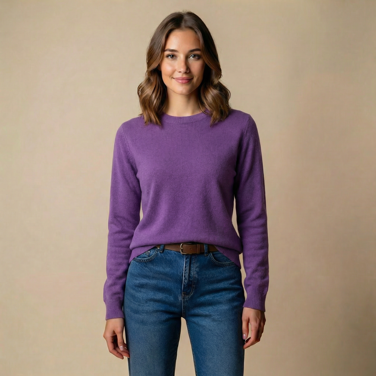 Women's Soft Knit Crewneck Sweater – Long Sleeve in Purple, product view – Rosie Mode
