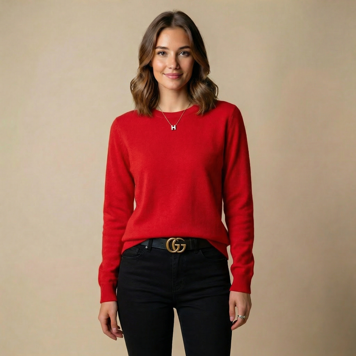 Women's Soft Knit Crewneck Sweater – Long Sleeve in Red, product view – Rosie Mode