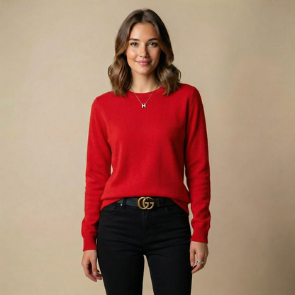 Women's Soft Knit Crewneck Sweater – Long Sleeve in Red, product view – Rosie Mode