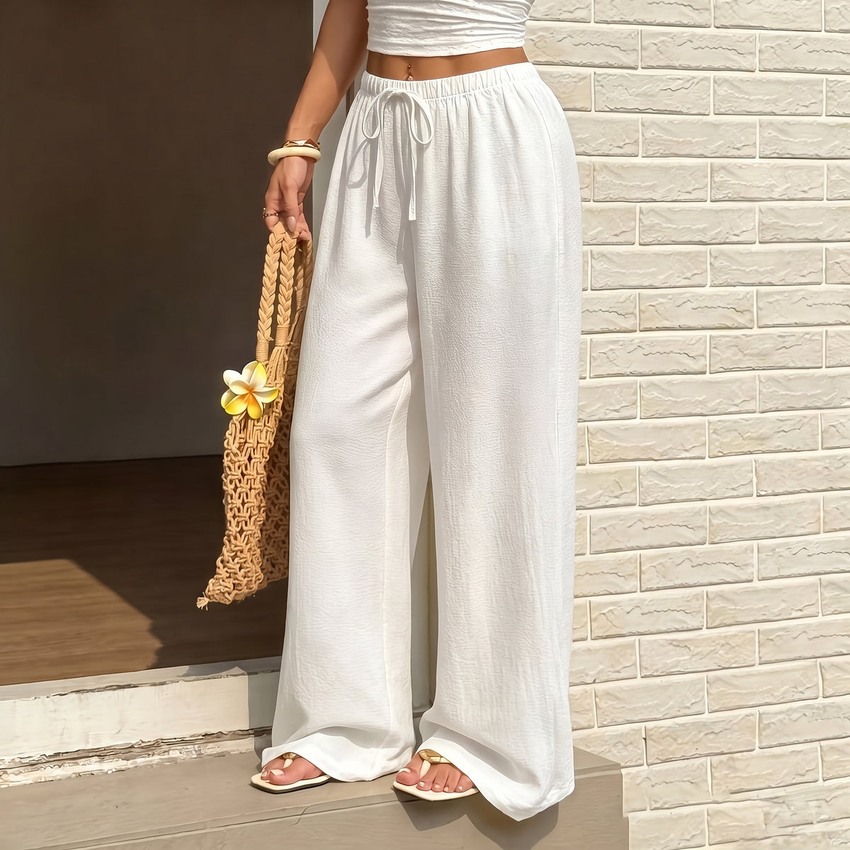 Women's Textured Wide-Leg Pants – Casual White Trousers, product view – Rosie Mode