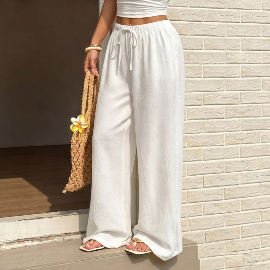 Women's Textured Wide-Leg Pants – Casual White Trousers, product view – Rosie Mode